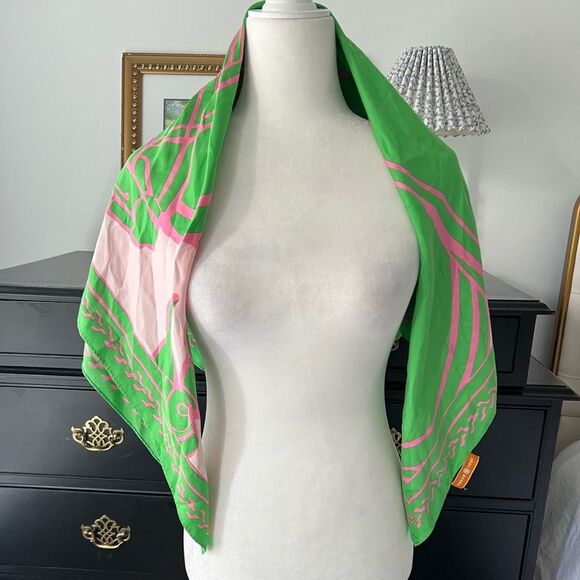 Tory Burch Green and Pink Patterned Scarf - Picture 2 of 5